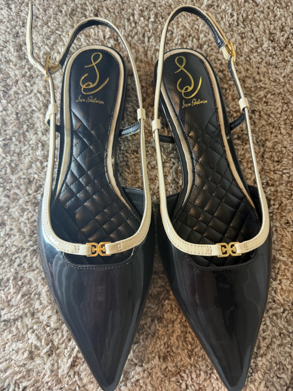 NWOT Sam Edelman Black Patent Slingback Flats with Cream Trim